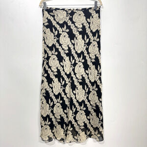 VTG Y2K Ann Taylor 100% Silk Dark Floral Maxi Skirt Sz 10 Black Cream Whimsigoth